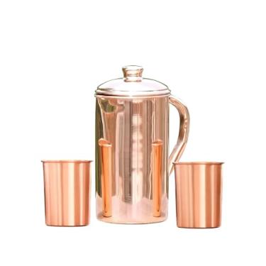 Imagem de Jarro de cobre puro com tampa e 2 copos – Conjunto de jarra de água ayurvédica com copos de cobre para beber e armazenar água – Utensílios de bebida feitos à mão
