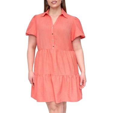 Imagem de DKNY Vestido feminino de manga curta com gola redonda e saia em camadas, Laranja, 25 Plus Size