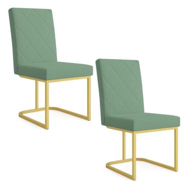 Imagem de Kit 02 Cadeiras de Jantar Estofada Siena Linho Verde Oliva Base de Ferro Dourada - Pallazio