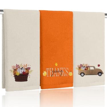 Imagem de Xkdamai 3 peças de toalhas de mão laranja de outono para banheiro algodão bordado abóbora carta de ação de graças toalhas de banho conjunto decorativo presentes decoração de férias