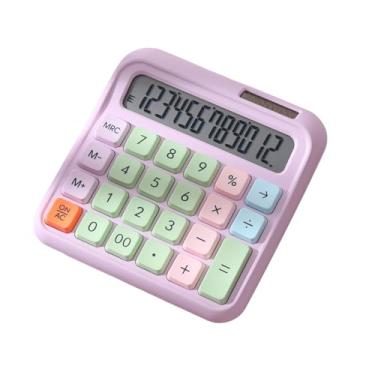 Imagem de Calculadora de desktop 12 dígitos LCD LCD Exibir grande botão de teclado mecânico Bateria solar operado para estuntes de escritório em casa, gradiente de contadores rosa verde (Roxo)