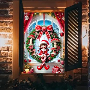 Imagem de BlissYard Capa de janela de Natal com padrão de guirlanda e cogumelos para exibição de feriados, decoração interna e externa, 78 x 129 cm, pano de fundo de janela de inverno de elfo de Papai Noel