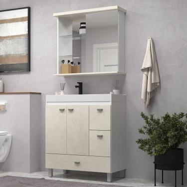Imagem de Gabinete de Banheiro 80cm com Cuba e Espelheira Branco/Arenito