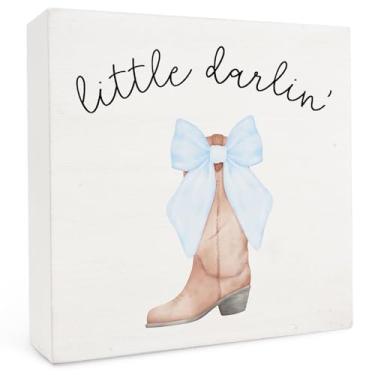 Imagem de FHUGX Coquette Preppy Blue Western Cowgirl Boots Placa de caixa de madeira, Little Darlin Bow Boots Box Sign, Preppy Western Girl Dorm Room Desk Shelf Table Decor, Cowgirls, 12 x 12 cm