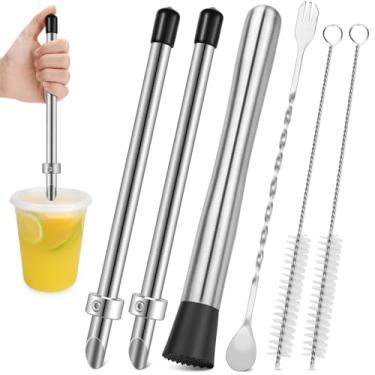 Imagem de TACGEA 6 peças de perfurador de palha para copos de limonada com tampas de plástico, misturador de aço inoxidável e colher de mistura - furador de canudo para bebida, suprimentos de suporte de
