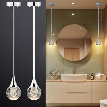 Imagem de 2 luzes pendentes ilha de cozinha, globo de cristal prateado, luzes suspensas no teto, luminárias de LED, haste de metal, teto de vidro, iluminação pendente para cozinha, ilha, sala de jantar, bar