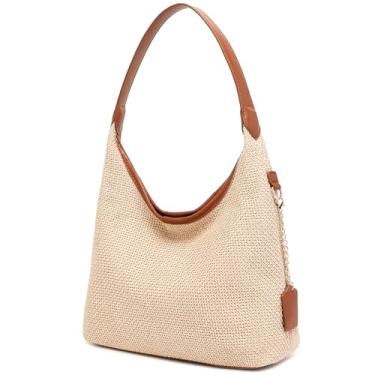 Imagem de Bolsa de ombro de palha para mulheres, bolsa de ombro de tecido macio, bolsa de praia de palha para férias, Bege, Medium