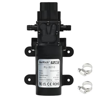 Imagem de VerRich Bomba de água DC 12V 116PSI 8 bar bomba de diafragma com interruptor de pressão 4L/min 1GPM 3/20.3 cm 10 mm conector com 2 braçadeiras de mangueira ajustáveis para torneiras de água, motorhome