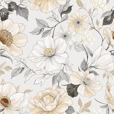 Imagem de PODUFF Papel de parede floral marfim elegante – Papel de parede macio bege e branco, vinil autoadesivo para decoração de casa clássica, 45 cm x 599 cm