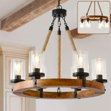 Imagem de FXZZ Lustre de roda de madeira e vidro de 66 cm - Luz de teto para casa de fazenda de 6 luzes com correntes ajustáveis para cozinha, sala de jantar, entrada