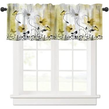 Imagem de AAVEUP Casa de fazenda rústica cozinha janela sanefa fazenda azul-petróleo margarida flores florais e borboleta no campo de madeira turquesa amarelo tratamento de janelas para quarto de meninas sala