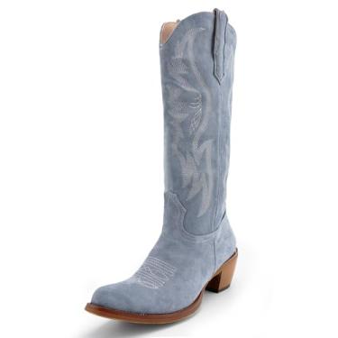 Imagem de GORBINETI Botas femininas caubói, cano médio, botas de cowgirl, vermelho ocidental, bordadas, camurça, bico amêndoa, salto grosso, Azul, 40