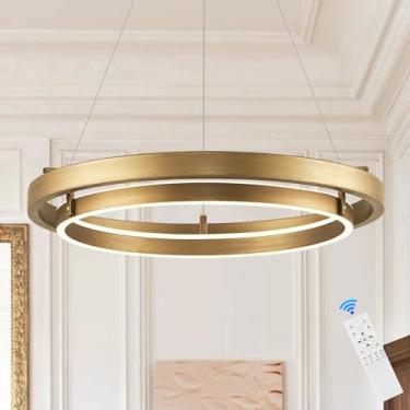 Imagem de Lustre de LED 2 anéis de latão dourado com luz regulável para baixo Lustres redondos modernos Lustres circulares leves para hall de entrada, sala de jantar, quarto, escritório, sala de estar