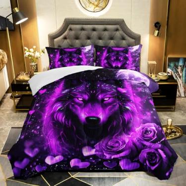 Imagem de QOOMO Jogo de cama queen com estampa de lobo e lobo selvagem, 3 peças, para adolescentes, meninos e meninas, rosa roxa com 2 fronhas, macio e leve