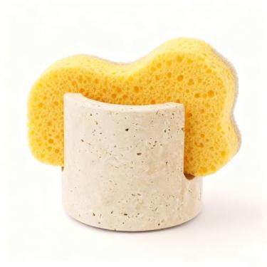Imagem de YeasHome Suporte de esponja de travertino natural e escorredor para pia de cozinha, aderência antiderrapante, organizador de esponja de pedra de absorção rápida, acessório resistente para banheiro ou