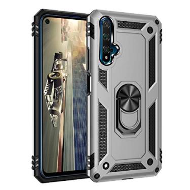 Imagem de SORAKA Capa para Huawei Nova 5T com suporte de anel capa armadura Huawei Nova 5T capa traseira de policarbonato rígido com placa de metal para telefone magnético suporte de carro prata