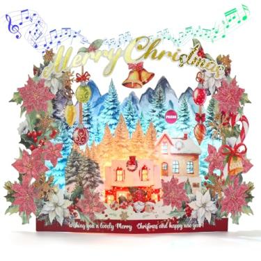 Imagem de Venhoo Pop Up Cartões de Natal, Papel 3D Woodland Winter Popup Holiday Cartão de felicitações com luzes e música para amigos da família no feriado de Natal Ano Novo - Inclui envelope e cartão de notas