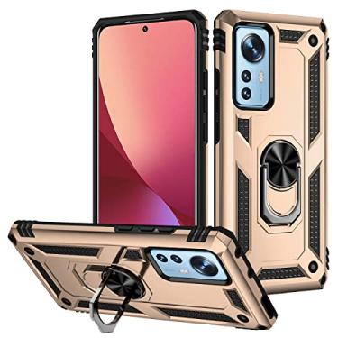 Imagem de SORAKA Capa para Xiaomi 12 Pro com suporte de anel capa armadura Xiaomi 12 Pro capa traseira de policarbonato rígido com placa de metal para celular magnético suporte de carro dourado