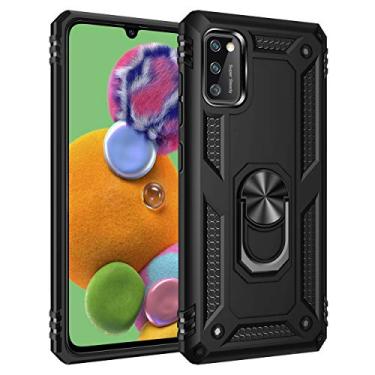 Imagem de SORAKA Capa para Samsung Galaxy A41 com suporte de anel capa protetora para Samsung Galaxy A41 capa traseira de policarbonato rígido com placa de metal para suporte magnético de telefone carro preto