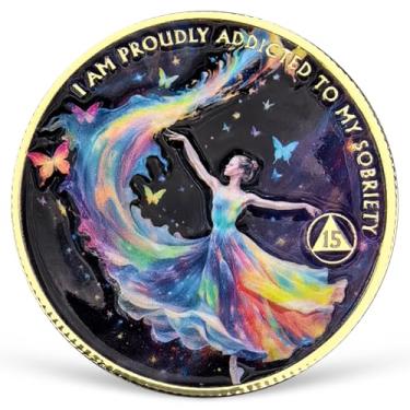 Imagem de Moeda de sobriedade de 15 anos feminina poder AA moeda colorida recuperação AA NA chips e medalhões comemorando 1-15 anos símbolo limpo e sóbrio narcóticos alcoólicos presentes anônimos para mulheres