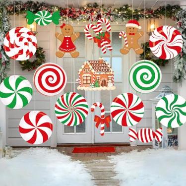Imagem de 16 peças de enfeites de natal doces de gengibre para decoração ao ar livre dupla face de bengala doce de Natal enfeites pendurados vermelho verde pirulito de gengibre decoração de quintal para