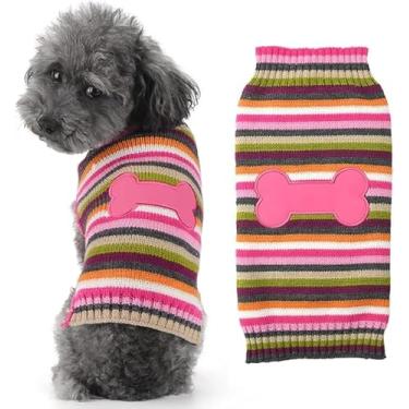 Imagem de HRTTSY Lindo suéter de cachorro macio e quente listrado roupas para cães de inverno dia dos namorados engraçado osso rosa roupas para animais de estimação moletom sem mangas para cães pequenos,