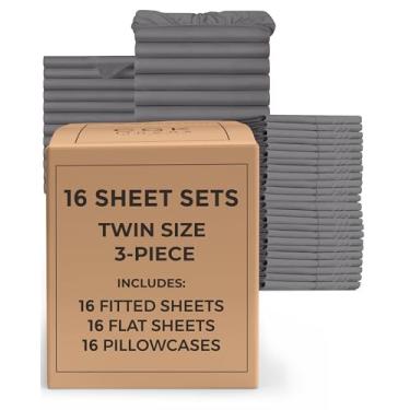 Imagem de Pacote com 16 conjuntos de lençóis - (16) conjuntos de lençóis completos - roupa de cama de solteiro a granel - pacote de capas de atacado para hotéis, spa e Airbnbs - bolsos profundos e sem rugas -