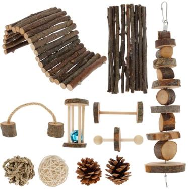 Imagem de HSHGZSR Conjunto de brinquedos para hamster, madeira, porquinho-da-índia, madeira natural, brinquedo de mastigar hamster para cuidar dos dentes, brinquedos divertidos para hamster, acessórios de