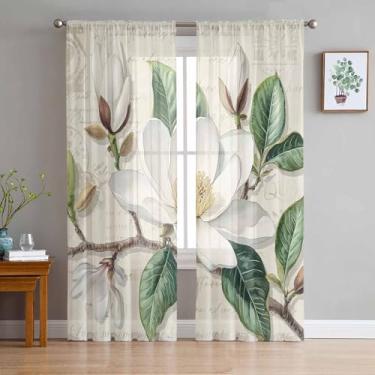 Imagem de Cortina semitransparente floral botânica 203 cm de comprimento, conjunto de 2 painéis, retrô, campestre, magnólia, flores, folhas, casa de fazenda, floresta, vintage, cozinha, cortina, bolso para