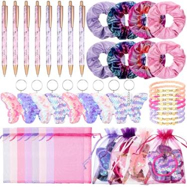 Imagem de Honoson 40 peças de lembrancinhas de festa de borboleta para meninas, decorações de aniversário de fadas de borboleta, incluindo 8 canetas com glitter, 8 elásticos brilhantes, 8 chaveiros, 8 pulseiras
