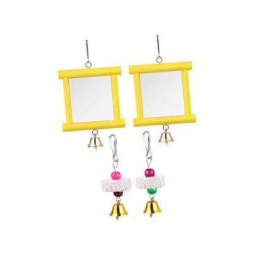 Imagem de Baoblaze 2 peças de brinquedos de espelho de galinha, brinquedo interativo de bicadas de madeira com sino, bico, pedras de moagem para papagaios, canários, Amarelo