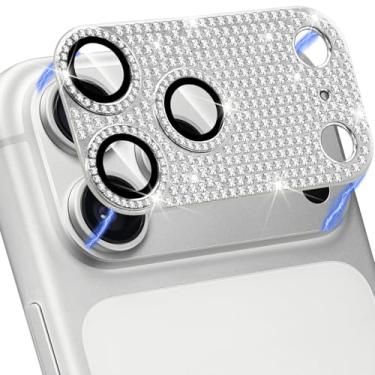 Imagem de Hsefo Compatível com iPhone 17 Pro Max Protetor de Lente de Câmera, Bling 3D Rhinestone Sparkle Diamond 9H Vidro Temperado Anti Riscos Capa de Lente de Proteção Completa, Prata
