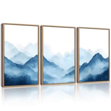 Imagem de KUVIOKE Blue Watercolor Mountains in Fog Framed Wall Art Wilderness Nature Landscape Painting Rustic Scenic Relax Cool Room Decor for Bedroom Dining Room 40.6 cm x 61.0 cm (moldura natural)