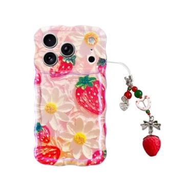 Imagem de Capa de telefone de morango vermelho com berloque para iPhone 17 pro max 6,9 polegadas, retrô, elegante, brilhante, pintura a óleo, flor, brilhante, brilhante, a laser, brilhante, estética, fruta, à