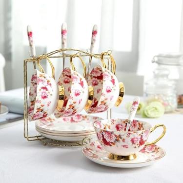 Imagem de GRFIT Caneca Britânica Floral Chávena de Chá Pires Conjunto de Colher Europa Cerâmica Xícara de Café 200ml Porcelana Avançada Café Xícara de Chá Drop Shipping Caneca de Café (Cor: 4 Copos n Suporte)