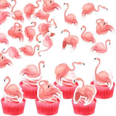 Imagem de 60 Pack Edible Flamingo Cupcake Toppers Wafer Paper Tropical Aloha Luau Cupcake Picks Holiday Flamingo Summer Hawaiian Beach Cake Decorations for Summer Theme Baby Shower Birthday Party