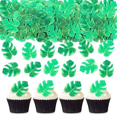 Imagem de Cyodoos 48 peças de topos de cupcake comestíveis de folhas de tartaruga tropical, topo de bolo de folha de palmeira, decoração de bolo de folha de papel wafer comestível para decoração de bolo de