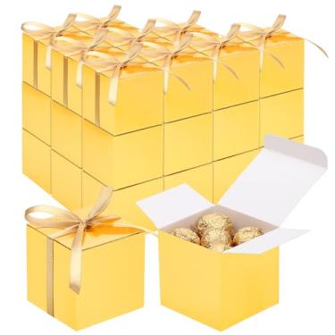 Imagem de EUSOAR Caixas de presente pequenas com tampas, 30 peças de caixas douradas de 7 x 7 x 7 cm, pequena caixa de petisco com fitas, caixa de doces em cubos, mini muffins, recipiente de macaron para