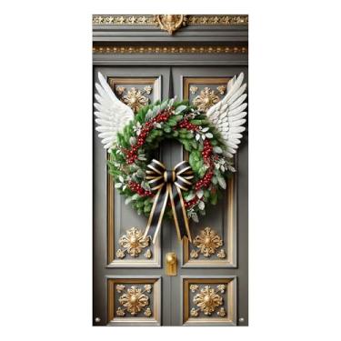 Imagem de BlissYard Capa de porta de Natal, decoração de guirlanda de asas de anjo, 89 x 188 cm, faixa de poliéster para decoração de parede para ambientes internos e externos, suprimentos de festa para meninas