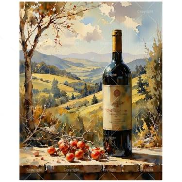 Imagem de Kit de pintura de vinho e paisagem por números para adultos – Garrafa DIY com pintura de tomates e colinas rolantes em tela 40,6 x 50,8 cm, conjunto de tinta acrílica para iniciantes, arte para