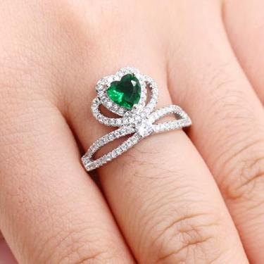 Imagem de Anéis abertos em forma de coração banhados a platina | Anel de coração de amor de zircão personalizado | Joia de coração grande ajustável para mulheres | YA4665, Latão Metal, Sem pedra preciosa