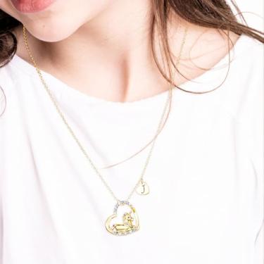 Imagem de Colar feminino banhado a ouro 14 K - pingente de coração com pingente de coração de unicórnio com inicial A-Z, corrente delicada à prova d'água, presente de aniversário personalizado, joia moderna, 12