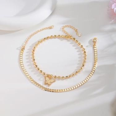 Imagem de Tornozeleiras femininas banhadas a ouro 14K com inicial de camada dupla, borboleta, hipoalergênica, não mancha, com letra A-Z, 7, Latão, Sem Pedra Preciosa