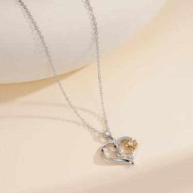 Imagem de Colar feminino banhado a ouro rosa 14 K - pingente de coração de girassol delicado, corrente hipoalergênica, presente de aniversário personalizado, joia moderna, 18"+2", Latão, Sem Pedra Preciosa
