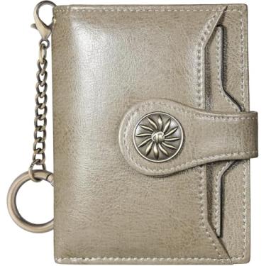 Imagem de Carteira feminina pequena com 2 porta-cartões de couro dobrável com bloqueio de RFID e bolso para moedas com zíper, Cinza claro, Clássico