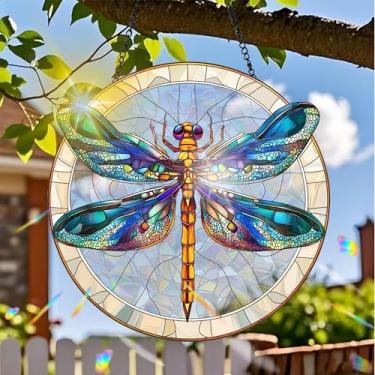 Imagem de Acrílico colorido Suncatcher, decoração para pendurar libélula com design de estilo vitral impresso, arte de parede criador de arco-íris, refrator de luz do sol, decoração de casa interna e externa