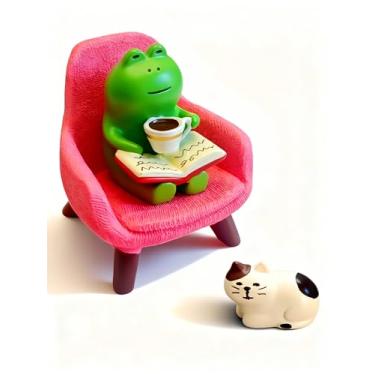 Imagem de Miniature Frog Figurine, Cute Sculpture Drinking Coffee with Cat Desk Decor, Resin Statue for Bookshelf Office Dashboard Accessories, Gifts for Frog Lovers