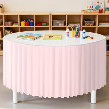 Imagem de Saia de mesa rosa de 2,5 m com babados para decoração de sala de aula, toalha de mesa retangular, toalha de mesa redonda, saia para artigos de festa escolar, jardim de infância, escritório, estante