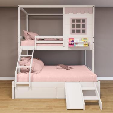 Imagem de Beliche Casinha Reta Casal/ Solteiro Com 02 Gavetas E Escorregador Madeira Maciça Branco/ Rosa Housin