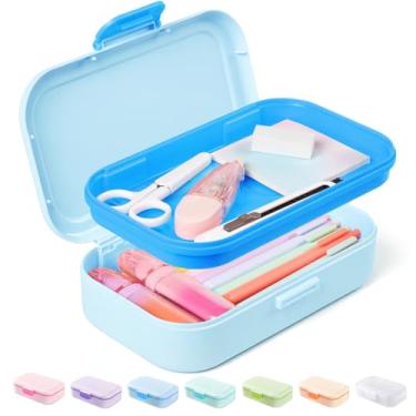 Imagem de Sooez Caixa de lápis de camada dupla, estojo de plástico com trava, caixa rígida de material escolar para meninas, meninos e crianças, suporte grande para canetas marcadoras de giz de cera com